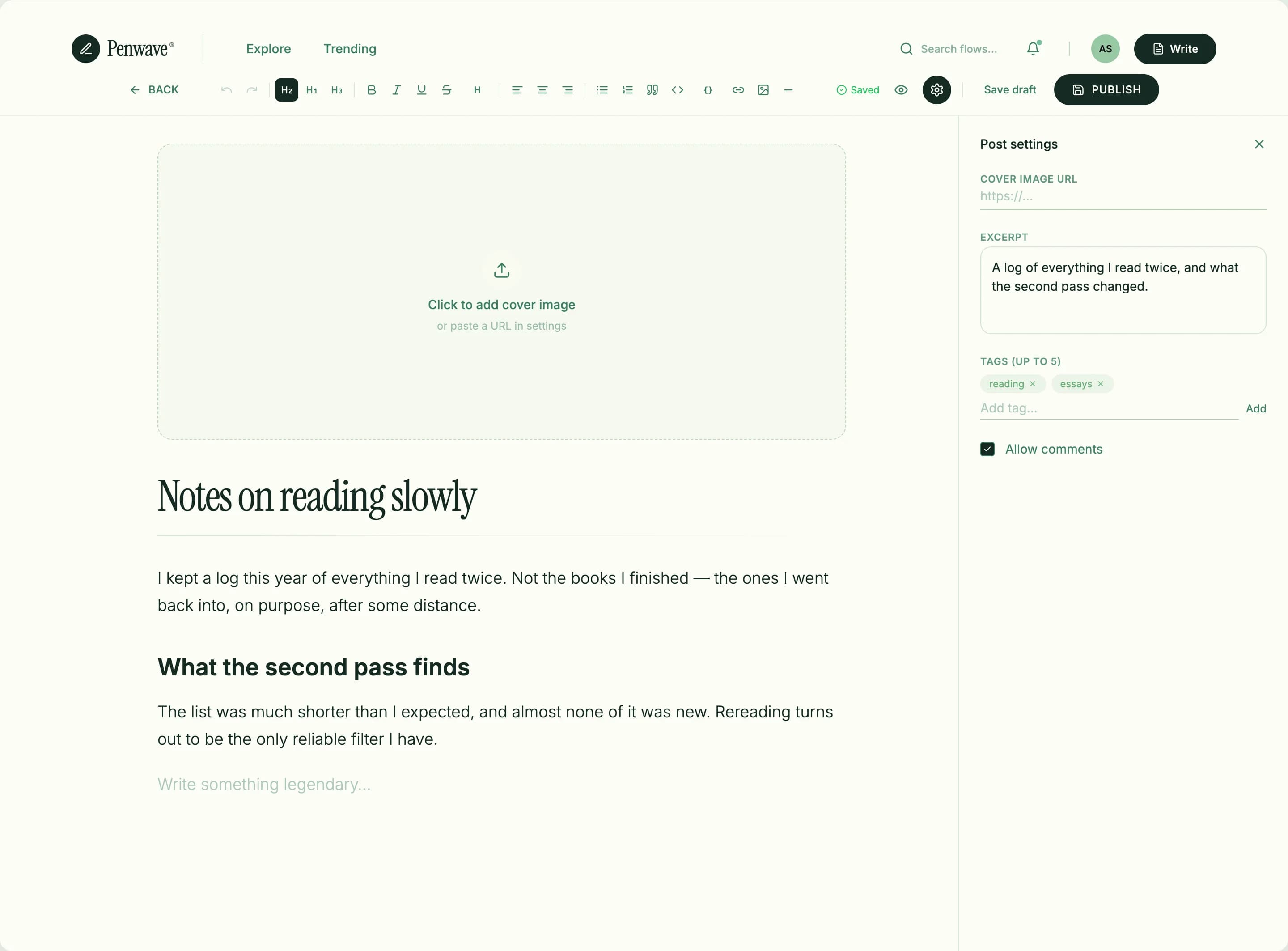 The Penwave editor: formatting toolbar, a Saved indicator, the draft 'Notes on reading slowly', and the post settings panel