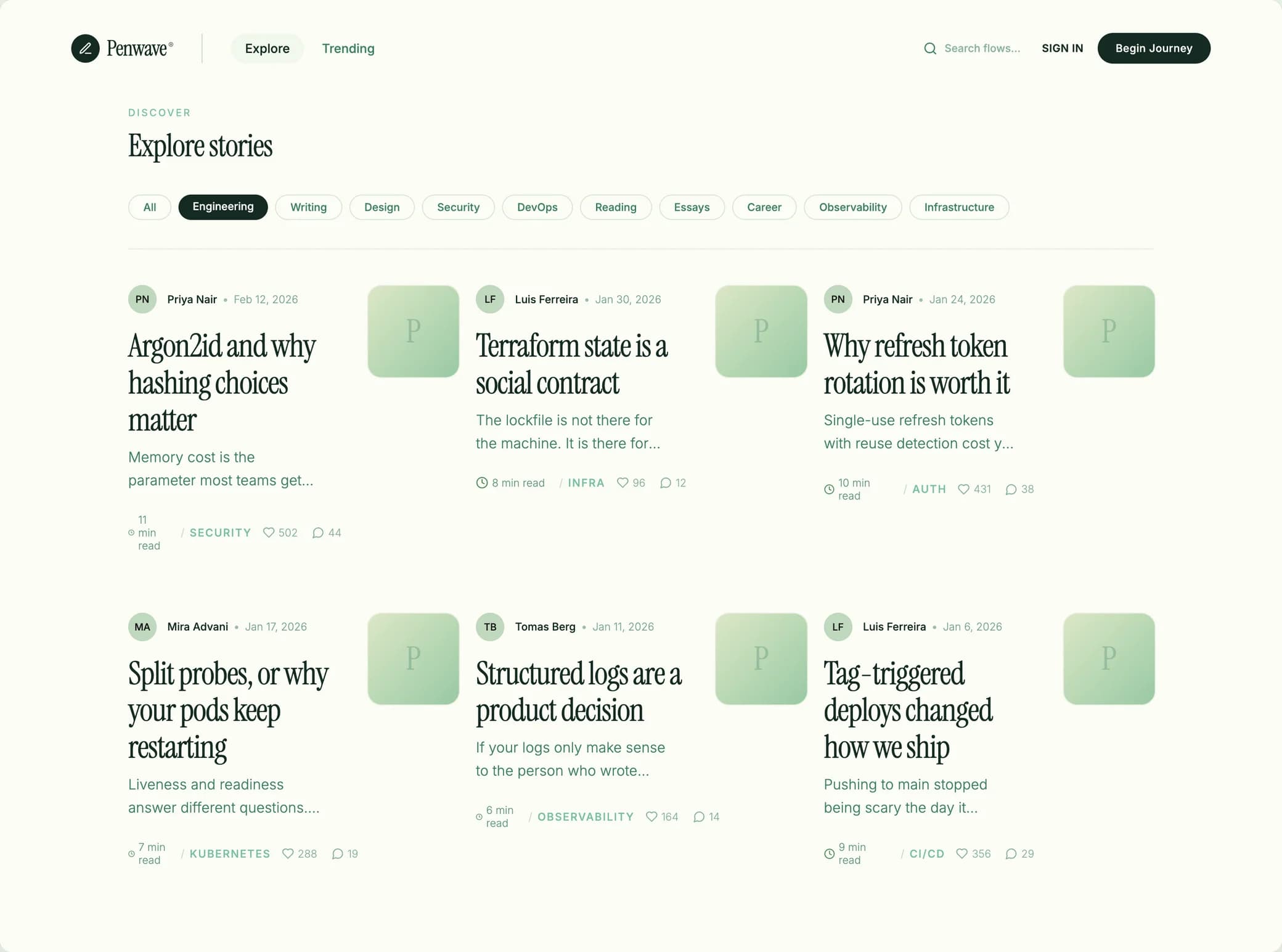 Penwave explore page filtering stories by the Engineering tag