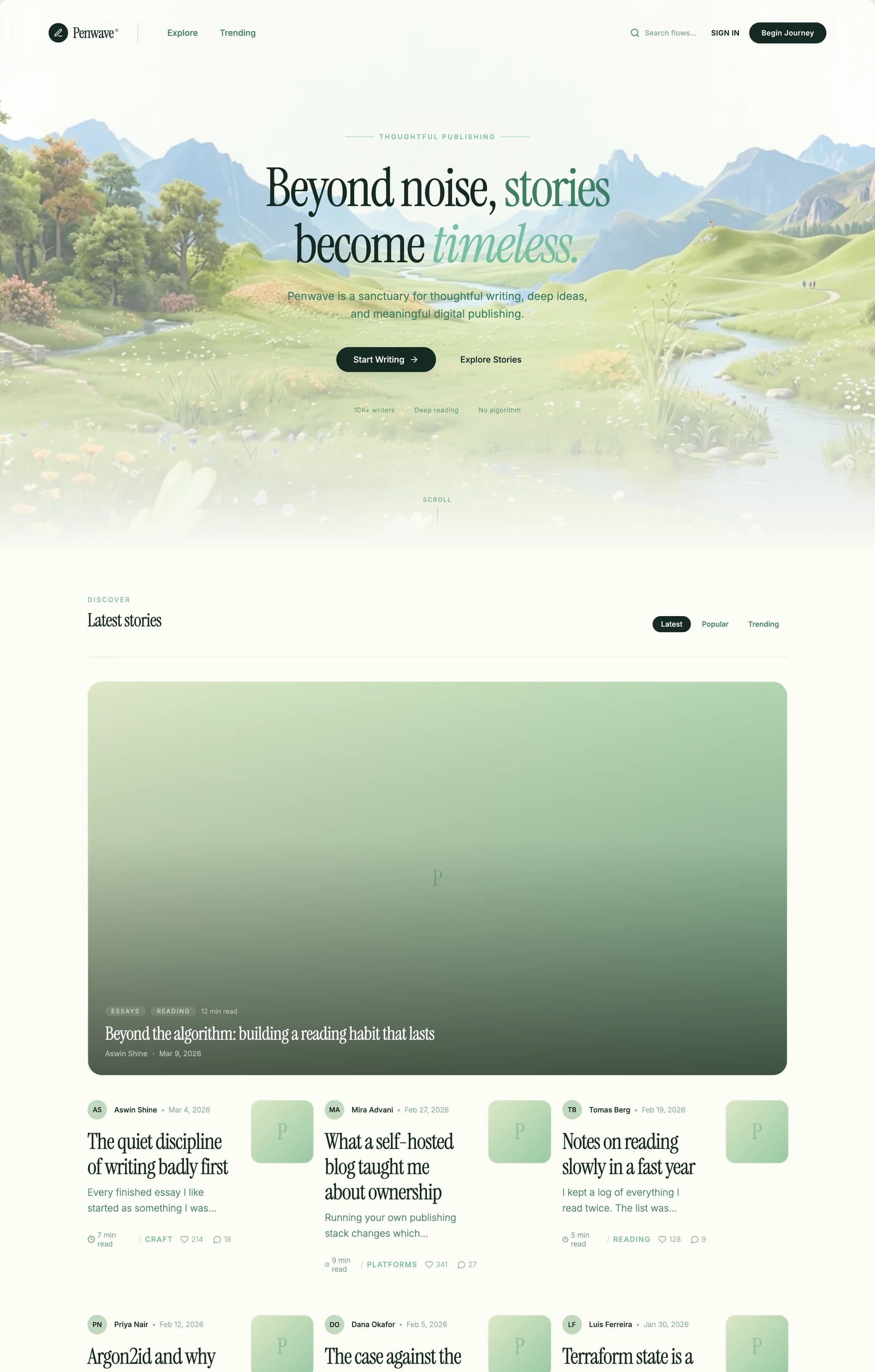 Penwave home page: a painted valley behind the line 'Beyond noise, stories become timeless.', then the latest stories