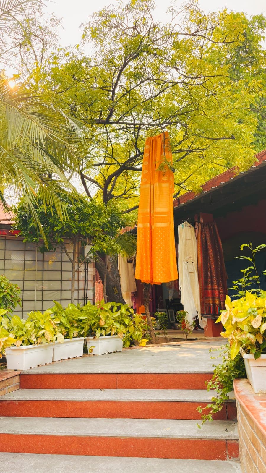 Orange umbrella, garden steps