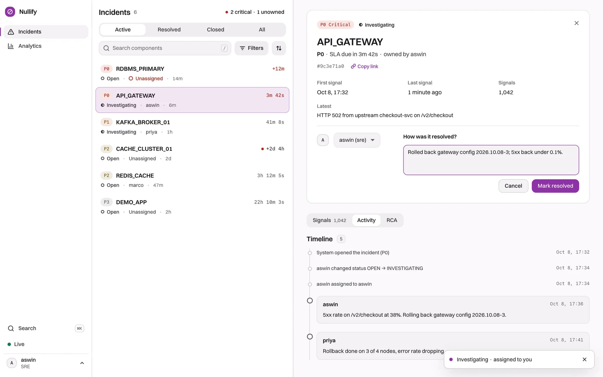 API_GATEWAY investigating, owned by aswin, with a resolution note being written and the timeline of comments below