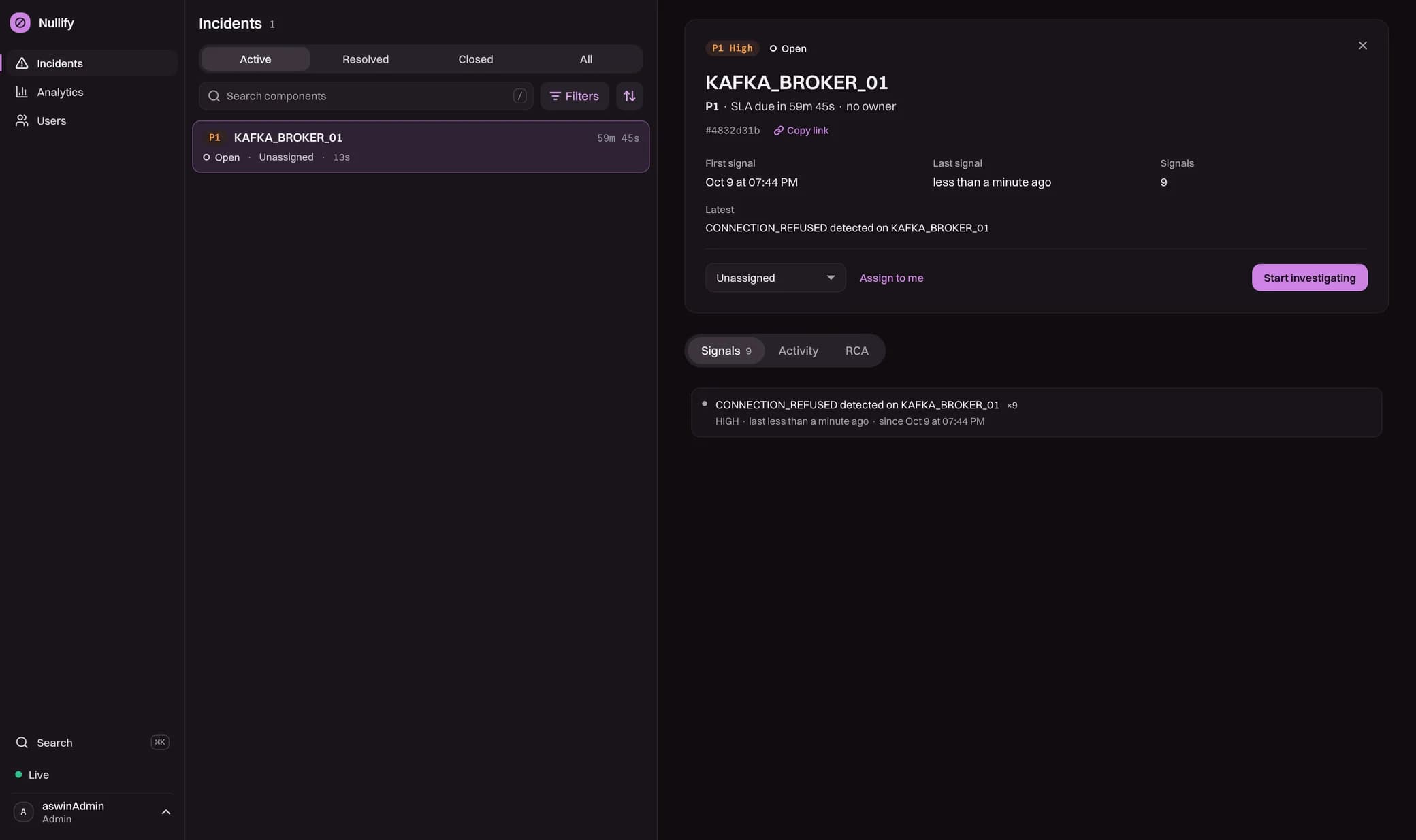 The deployed Nullify in its dark theme: KAFKA_BROKER_01 open as P1 High, SLA due in 59 minutes, 9 linked CONNECTION_REFUSED signals