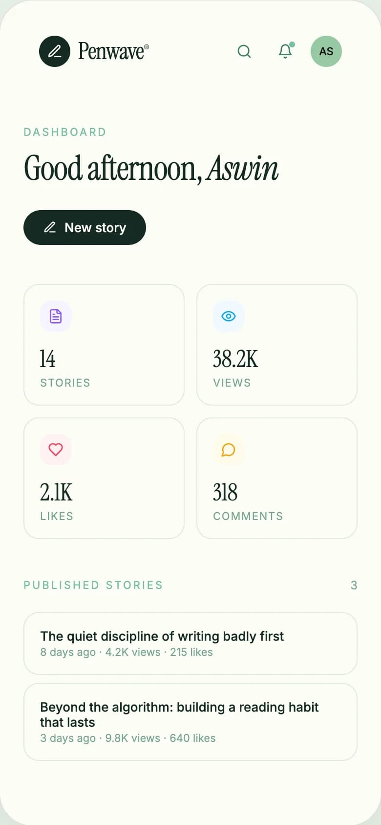 Penwave writer dashboard on a phone, with sample stats
