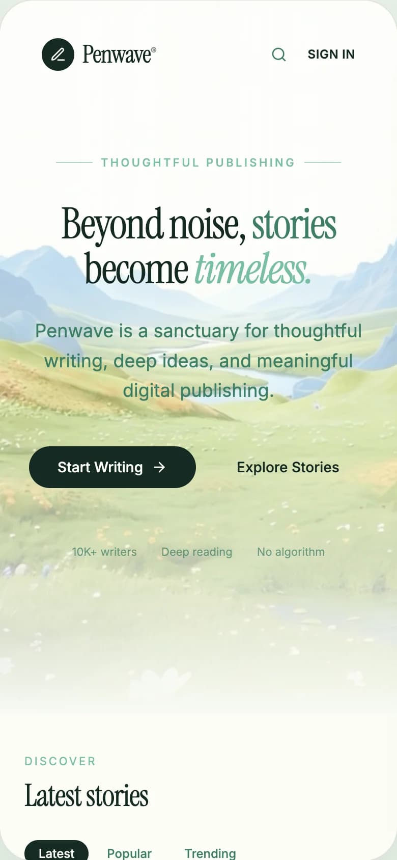 Penwave home page on a phone: the painted valley hero and the line 'Beyond noise, stories become timeless.'