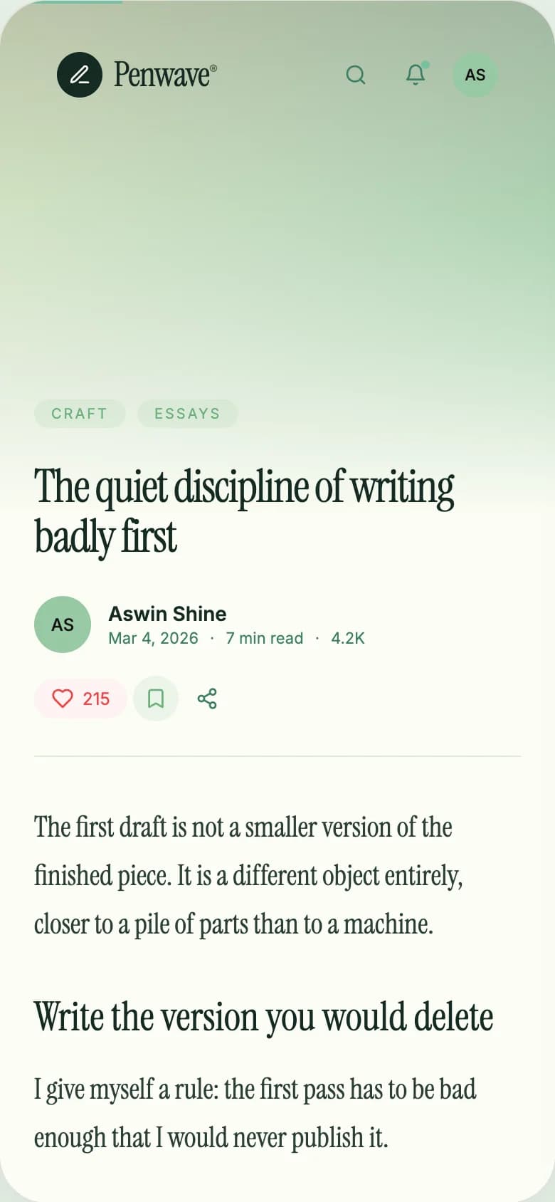 A Penwave post on a phone, with like, comment and bookmark controls