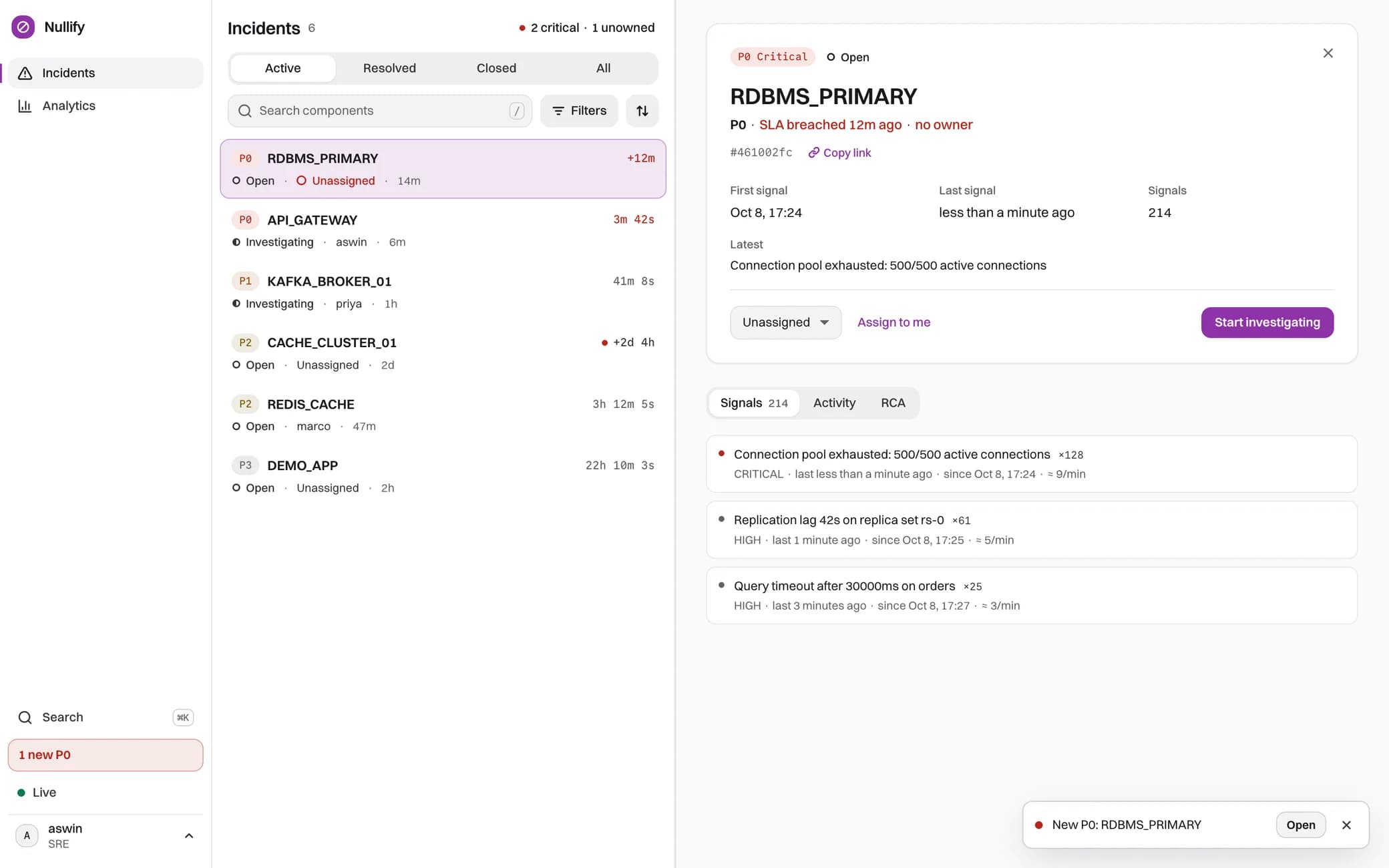 Nullify’s incident list: six incidents from P0 to P3, RDBMS_PRIMARY open as P0 Critical with 214 linked signals