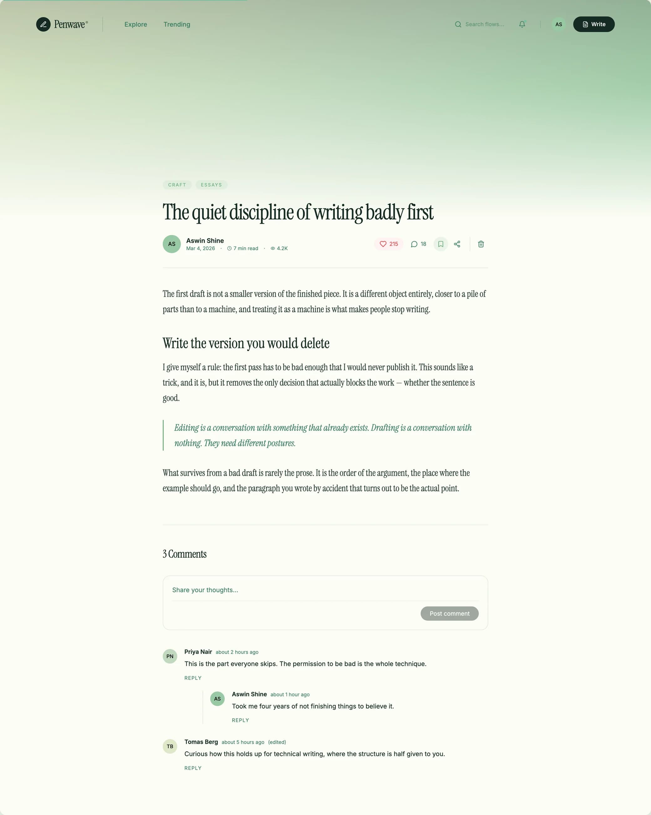 A Penwave post: serif body text, a pull quote and a comment thread
