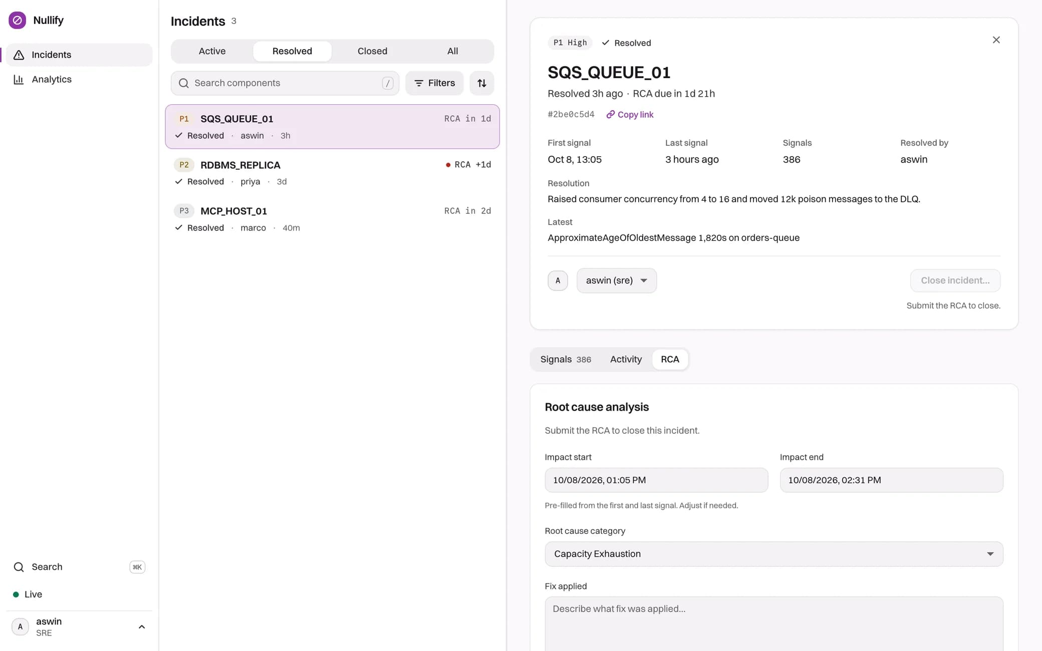 SQS_QUEUE_01 resolved, the Close incident button disabled with “Submit the RCA to close”, and the root cause analysis form