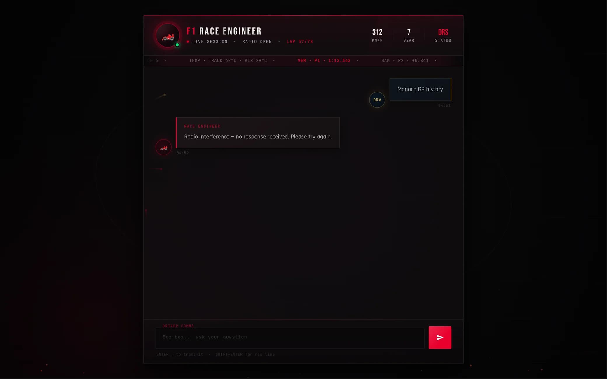 A failed request: the engineer replies "Radio interference, no response received"