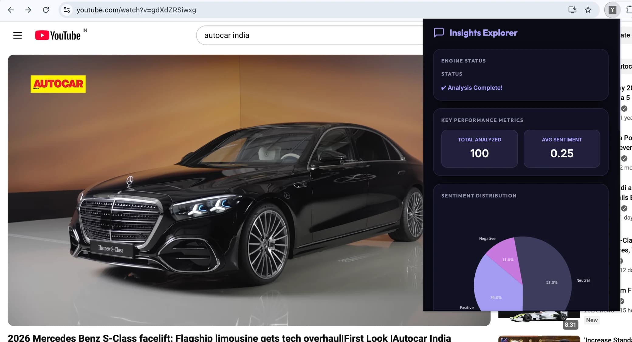 The extension on a real YouTube car review: analysis complete, 100 comments, average 0.25, and the pie drawn by the API