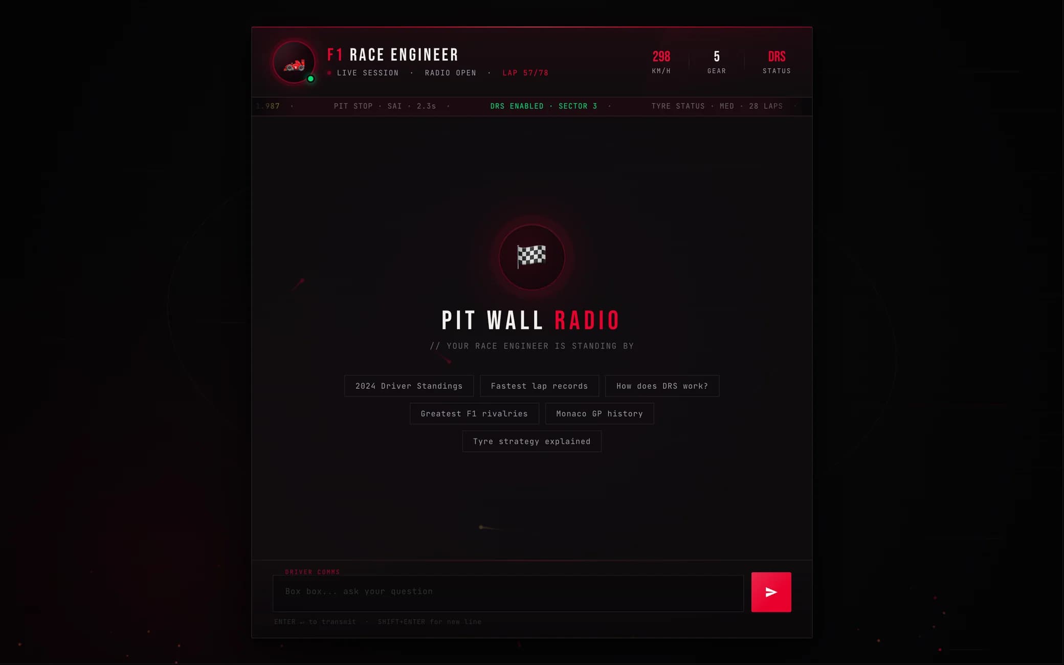 The F1 Race Engineer chat: the Pit Wall Radio welcome with six suggestion chips
